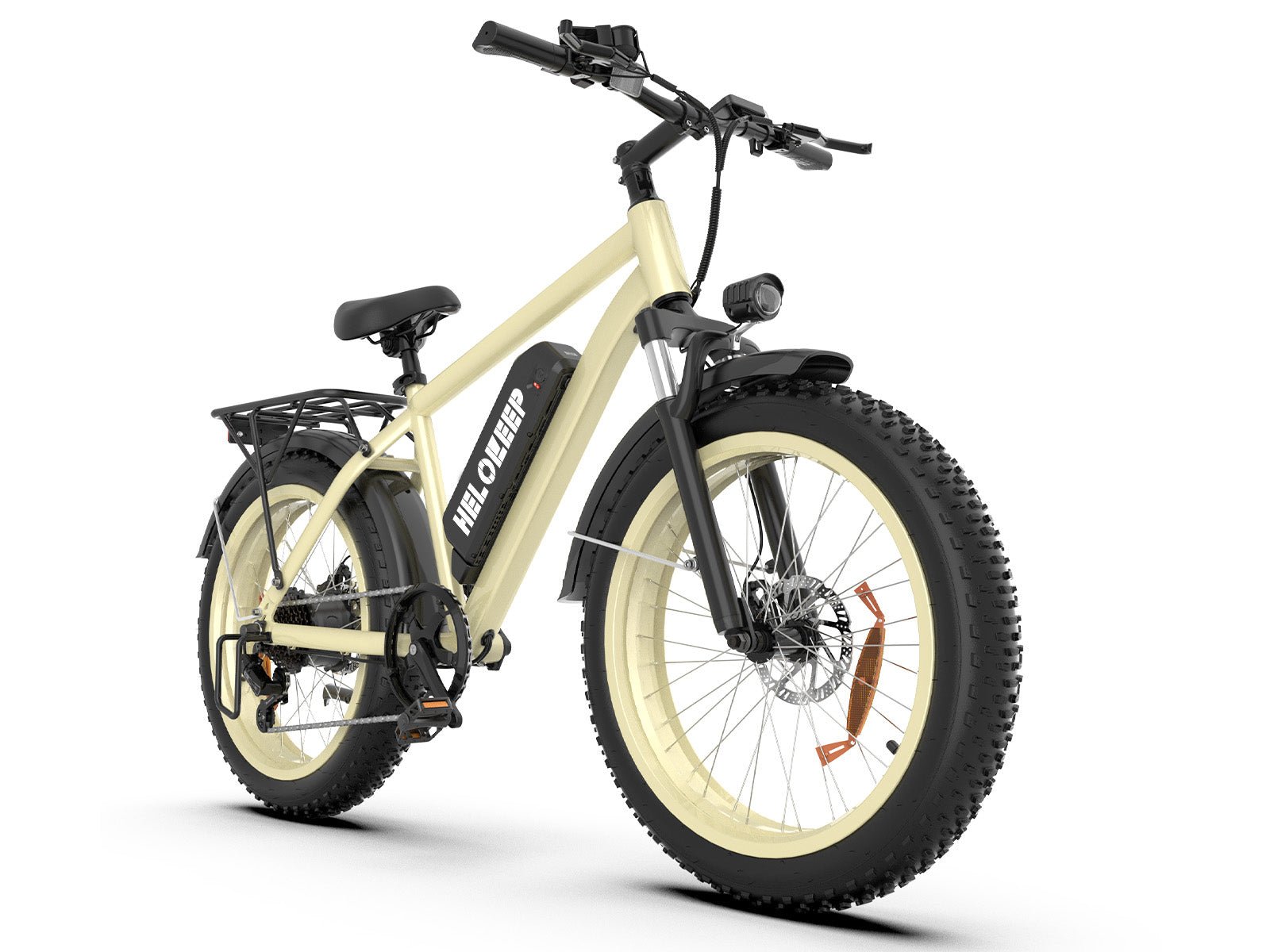 Beige electric fat tire bike with rear rack and front headlight for commuting or family rides