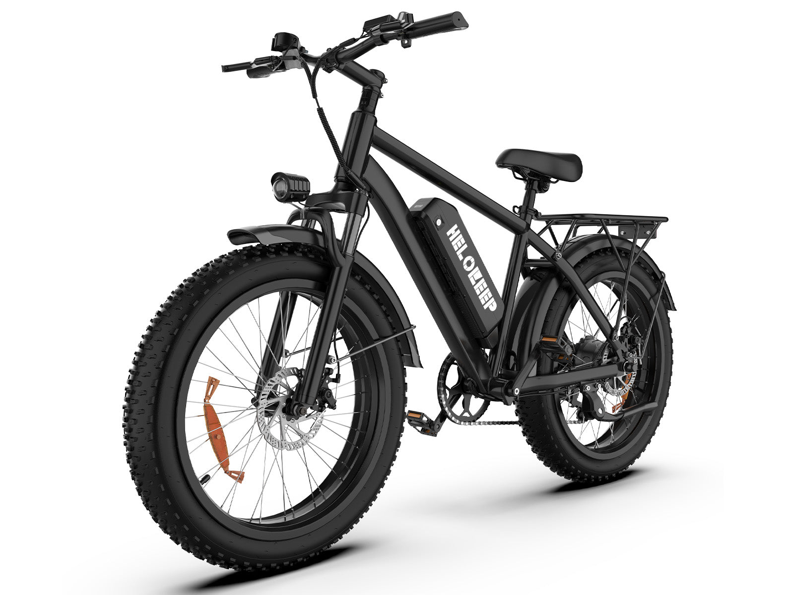 Black electric bike with fat tires, rear rack, and front headlight on white background