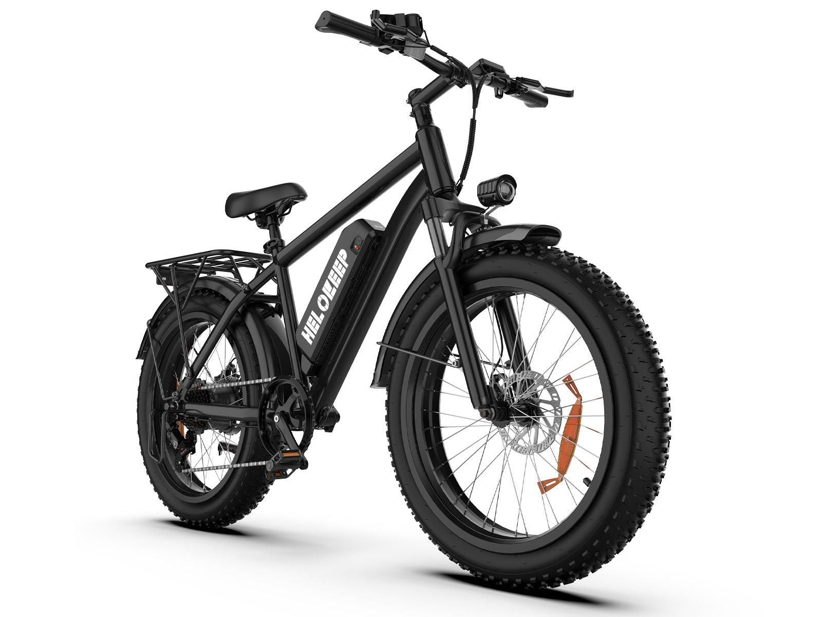 Fat tire electric bike with front headlight, rear rack, and disc brakes on white background