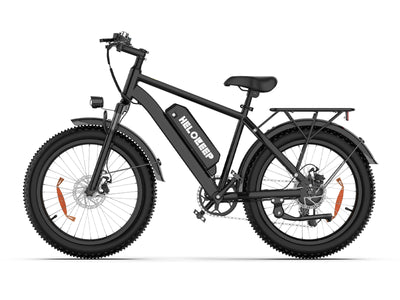 Black electric fat tire bike with rear rack, fenders, and battery for commuting and family rides