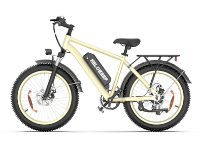 Fat tire electric bike with beige frame, rear rack, and front headlight, side view